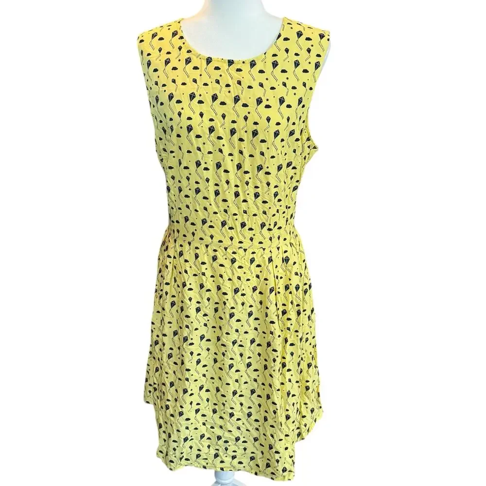 Circus Yellow Kite Print Sleeveless Dress 100% Rayon Made in India UK 20